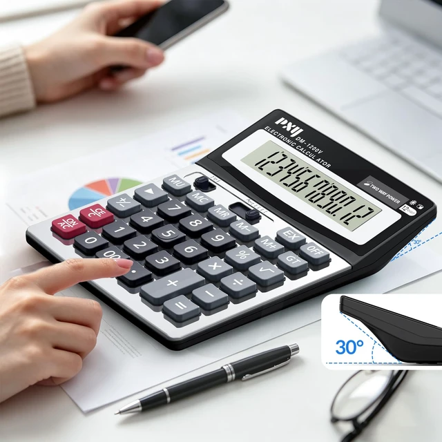 Alt view image 4 of 7 - Desk Calculator 12 Digit Extra Large LCD Display, Touch Comfortable with Big Buttons, Two Way Power Battery and Solar Standard Function Office Calculators