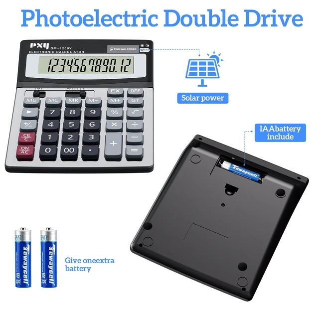 Alt view image 7 of 7 - Desk Calculator 12 Digit Extra Large LCD Display, Touch Comfortable with Big Buttons, Two Way Power Battery and Solar Standard Function Office Calculators