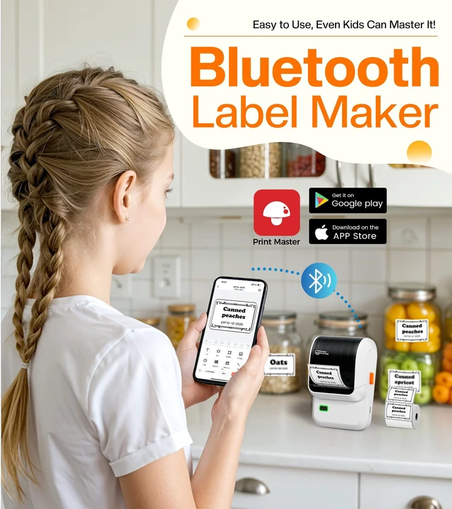 Alt view image 7 of 7 - Label Maker Machine with Tapes,Address Label Maker Output 0.78''-2'' Paper, M100 Thermal Label Maker with 1000 Icons, Bluetooth Label Printer for Small Business,Home Use,Kitchen,Name Tag,School,White