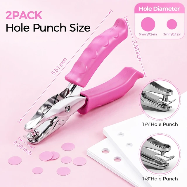 Alt view image 2 of 7 - 2 PCS Single Hole Punch, 1/4" and 1/8" Hole Puncher with Pink Soft Grip | Small Hole Punch, Handheld Small Circle Paper Punch for Crafts, Scrapbooks, Tags, Tickets in Home, Office and Classroom