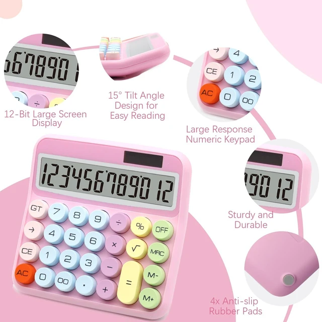 Alt view image 4 of 6 - Pink Calculator, Solar Calculators Desktop, Big Button Calculator for Desk | Large Button Calculator with Large LCD Display, Powered by two Modes, Pink Desk Accessories for Offices, Schools and Homes