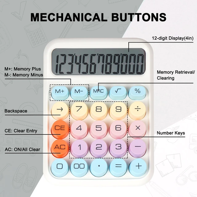 Alt view image 3 of 7 - Mechanical Switch Calculator with Big Buttons, Calculators Desktop | 12 Digits, Large LCD Display, Desk Calculator, Cute White Calculators for Teachers Students Basic Office (White)