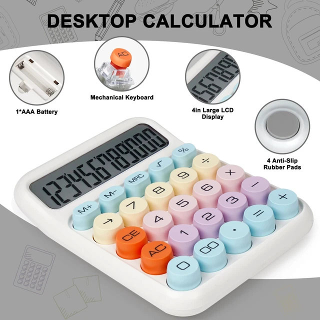 Alt view image 5 of 7 - Mechanical Switch Calculator with Big Buttons, Calculators Desktop | 12 Digits, Large LCD Display, Desk Calculator, Cute White Calculators for Teachers Students Basic Office (White)