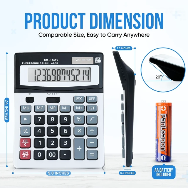 Alt view image 2 of 7 - 12-Digit Desktop Calculator with Large Screen and Big Buttons, Solar/Battery Dual Power for Office, Home, School and Business Use