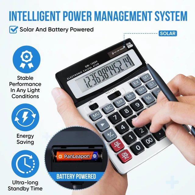 Alt view image 5 of 7 - 12-Digit Desktop Calculator with Large Screen and Big Buttons, Solar/Battery Dual Power for Office, Home, School and Business Use