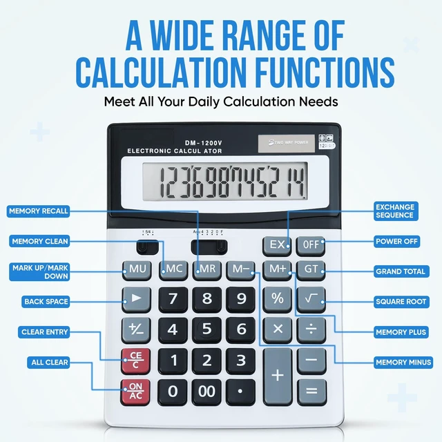 Alt view image 4 of 7 - 12-Digit Desktop Calculator with Large Screen and Big Buttons, Solar/Battery Dual Power for Office, Home, School and Business Use