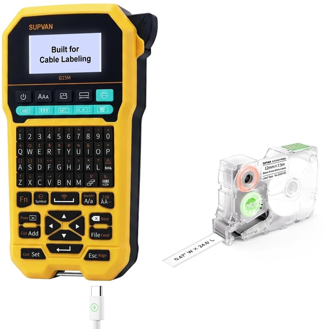 Main image of G15M Keyboard & Bluetooth Label Maker Machine | Heat Shrink & Multi-Labels, Rechargeable, Minimal Margin, 3 Cable Keys, LCD Backlit,Thermal Transfer, Industrial & Office ID