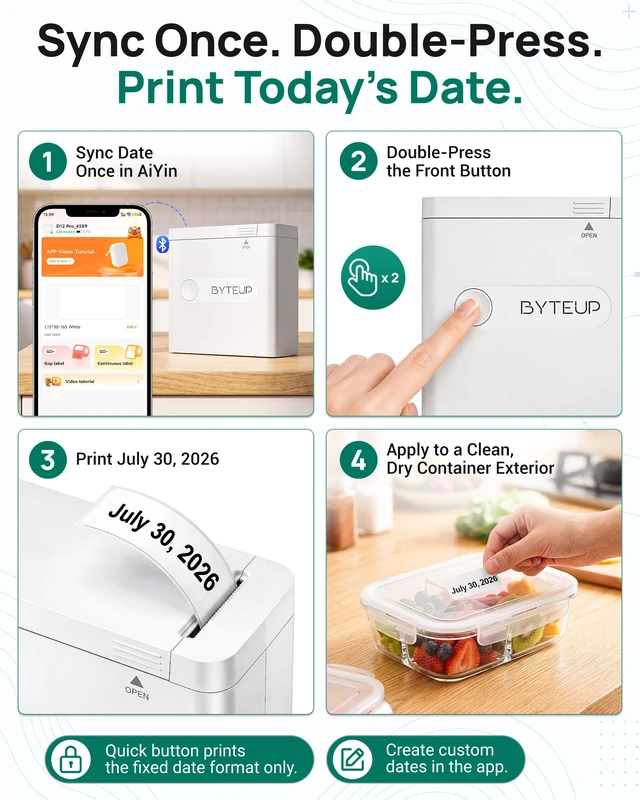 Alt view image 3 of 7 - D12Pro Magnetic Label Maker Machine with Tape, Bluetooth Printer | Double-Press Date Stamp, Inkless Thermal, USB-C Rechargeable, 12-15mm Labels, for Fridge Pantry Freezer Meal Prep