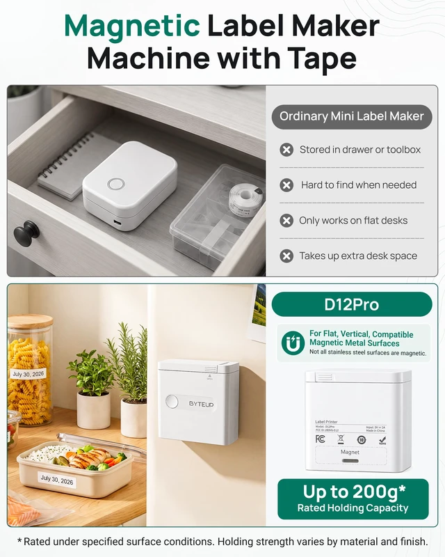 Alt view image 6 of 7 - D12Pro Magnetic Label Maker Machine with Tape, Bluetooth Printer | Double-Press Date Stamp, Inkless Thermal, USB-C Rechargeable, 12-15mm Labels, for Fridge Pantry Freezer Meal Prep