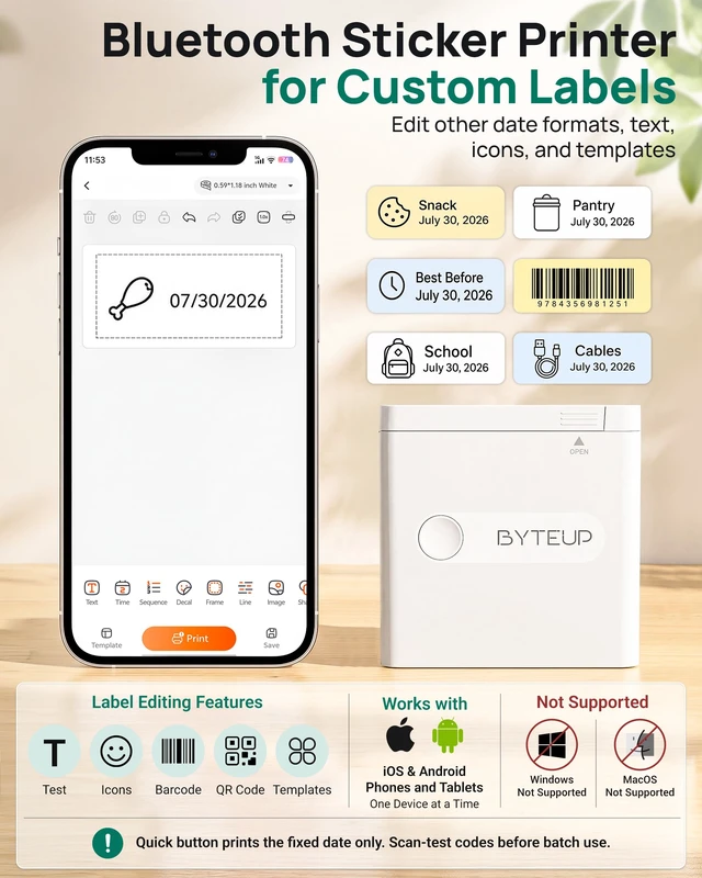 Alt view image 7 of 7 - D12Pro Magnetic Label Maker Machine with Tape, Bluetooth Printer | Double-Press Date Stamp, Inkless Thermal, USB-C Rechargeable, 12-15mm Labels, for Fridge Pantry Freezer Meal Prep