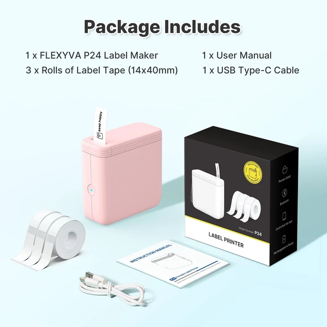 Alt view image 7 of 7 - Mini Label Maker Machine with 3 Tapes, P24 Label Makers, Pink | Bluetooth Thermal Label Printer with Multiple Templates, 203 DPI HD for Home, School and Office, Rechargeable and Lightweight
