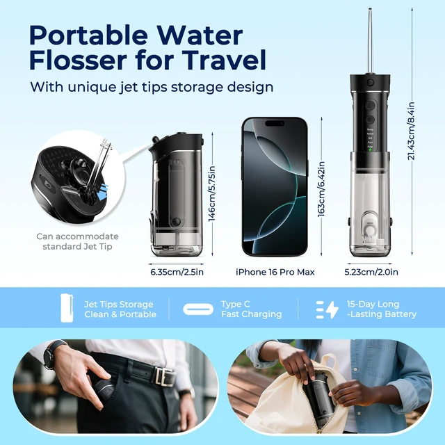 Alt view image 2 of 7 - Portable Water Flosser for Teeth Mini Travel Water Flosser | 5 Custom Modes|5 Nozzles|180ML Tank|Smart Timer|IPX7 Waterproof Cordless Oral Irrigator for Brace & Sensitive Teeth Care