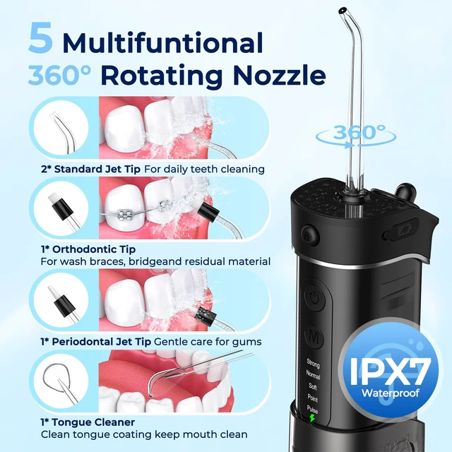 Alt view image 3 of 7 - Portable Water Flosser for Teeth Mini Travel Water Flosser | 5 Custom Modes|5 Nozzles|180ML Tank|Smart Timer|IPX7 Waterproof Cordless Oral Irrigator for Brace & Sensitive Teeth Care