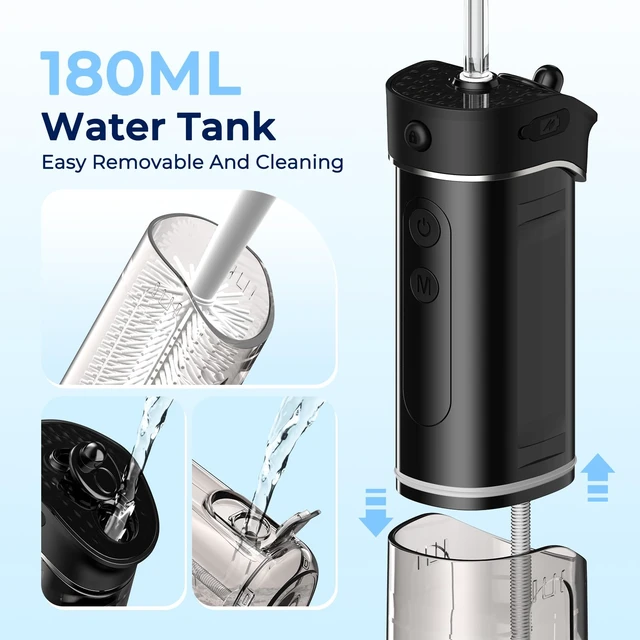 Alt view image 4 of 7 - Portable Water Flosser for Teeth Mini Travel Water Flosser | 5 Custom Modes|5 Nozzles|180ML Tank|Smart Timer|IPX7 Waterproof Cordless Oral Irrigator for Brace & Sensitive Teeth Care