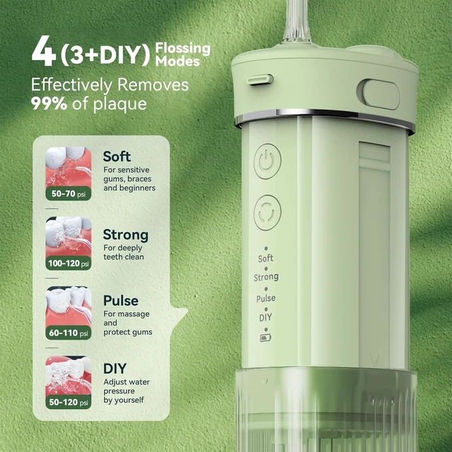 Alt view image 3 of 7 - Portable Water Flosser for Travel, 50% Smaller Compact Mini Design | 3 Modes & 8 DIY Levels for Braces, Orthodontic & Sensitive Teeth, 230ml Tank, 5 Nozzles, Storage Bag, On-the-Go Use, Green