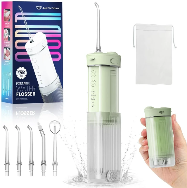 Main image of Portable Water Flosser for Travel, 50% Smaller Compact Mini Design | 3 Modes & 8 DIY Levels for Braces, Orthodontic & Sensitive Teeth, 230ml Tank, 5 Nozzles, Storage Bag, On-the-Go Use, Green