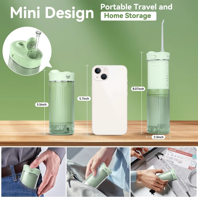 Alt view image 2 of 7 - Portable Water Flosser for Travel, 50% Smaller Compact Mini Design | 3 Modes & 8 DIY Levels for Braces, Orthodontic & Sensitive Teeth, 230ml Tank, 5 Nozzles, Storage Bag, On-the-Go Use, Green
