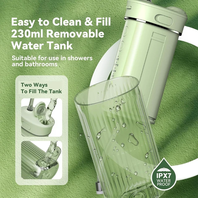 Alt view image 4 of 7 - Portable Water Flosser for Travel, 50% Smaller Compact Mini Design | 3 Modes & 8 DIY Levels for Braces, Orthodontic & Sensitive Teeth, 230ml Tank, 5 Nozzles, Storage Bag, On-the-Go Use, Green