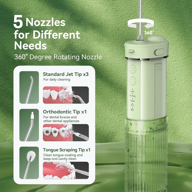 Alt view image 6 of 7 - Portable Water Flosser for Travel, 50% Smaller Compact Mini Design | 3 Modes & 8 DIY Levels for Braces, Orthodontic & Sensitive Teeth, 230ml Tank, 5 Nozzles, Storage Bag, On-the-Go Use, Green
