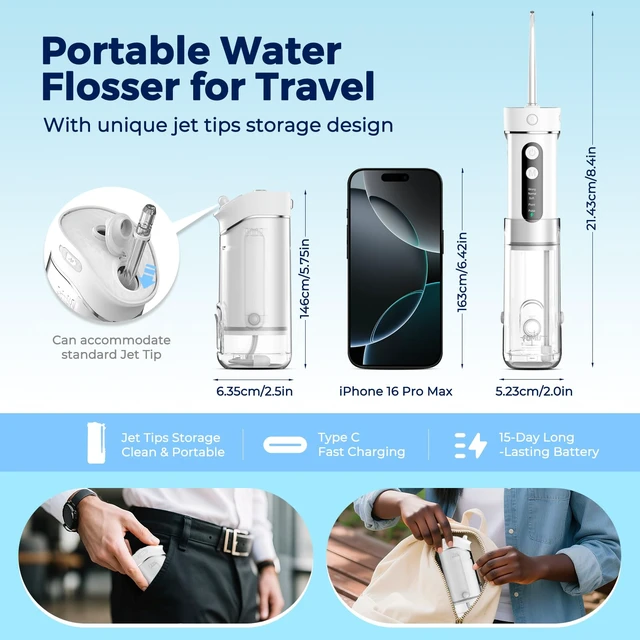 Alt view image 2 of 7 - Portable Water Flosser for Teeth Mini Travel Water Flosser | 5 Custom Modes|5 Nozzles|180ML Tank|Smart Timer|IPX7 Waterproof Cordless Oral Irrigator for Brace & Sensitive Teeth Care