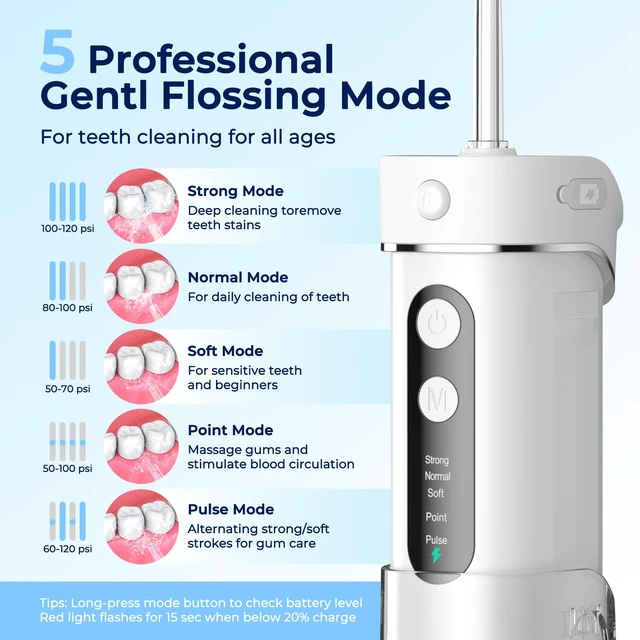 Alt view image 3 of 7 - Portable Water Flosser for Teeth Mini Travel Water Flosser | 5 Custom Modes|5 Nozzles|180ML Tank|Smart Timer|IPX7 Waterproof Cordless Oral Irrigator for Brace & Sensitive Teeth Care