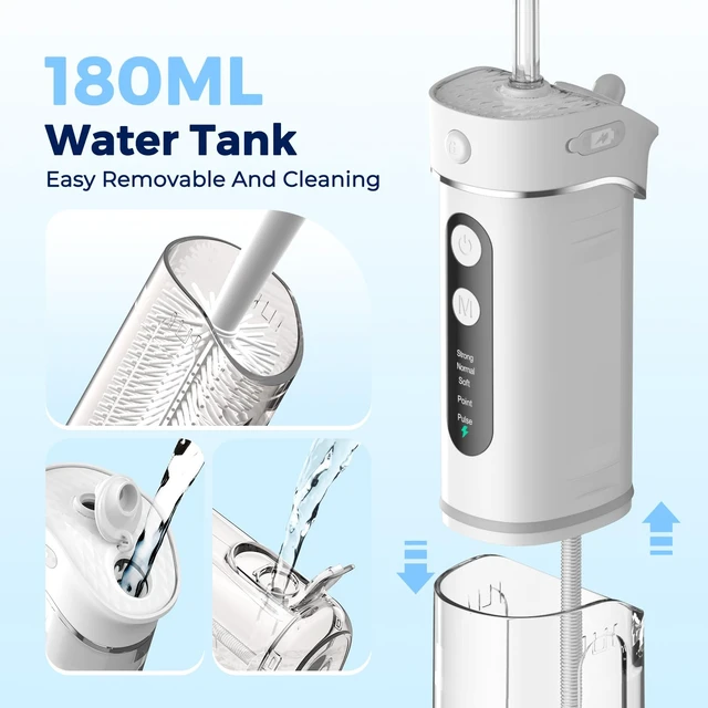 Alt view image 5 of 7 - Portable Water Flosser for Teeth Mini Travel Water Flosser | 5 Custom Modes|5 Nozzles|180ML Tank|Smart Timer|IPX7 Waterproof Cordless Oral Irrigator for Brace & Sensitive Teeth Care