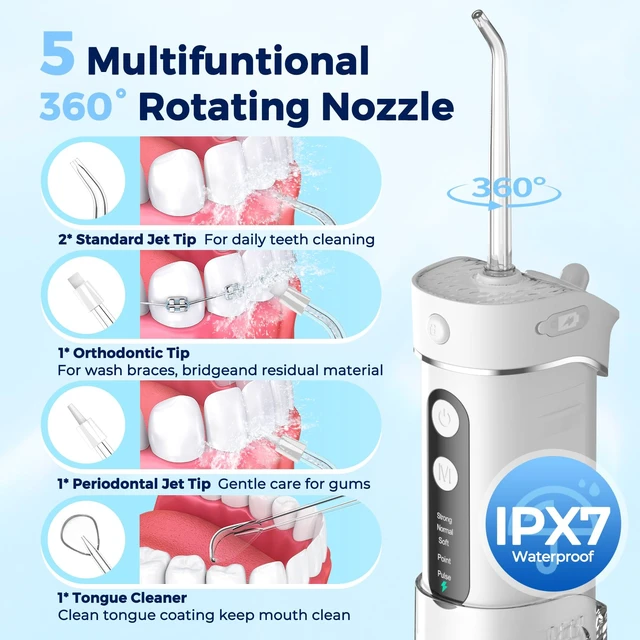 Alt view image 4 of 7 - Portable Water Flosser for Teeth Mini Travel Water Flosser | 5 Custom Modes|5 Nozzles|180ML Tank|Smart Timer|IPX7 Waterproof Cordless Oral Irrigator for Brace & Sensitive Teeth Care