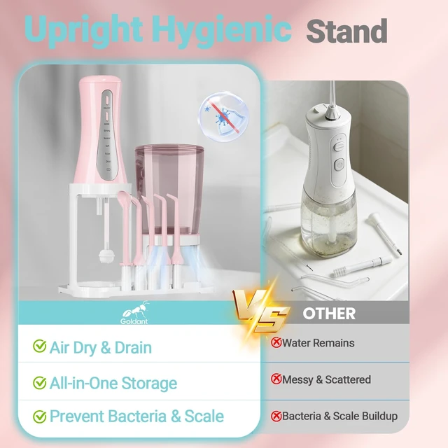 Alt view image 2 of 7 - 2026 New 350ML Water Flosser with Drainage & Storage Stand, Keeps Dry & Clean, 5 Modes, 360°Nozzle, Cordless Rechargeable, IPX7 Waterproof, Portable for Home & Travel (Pink)