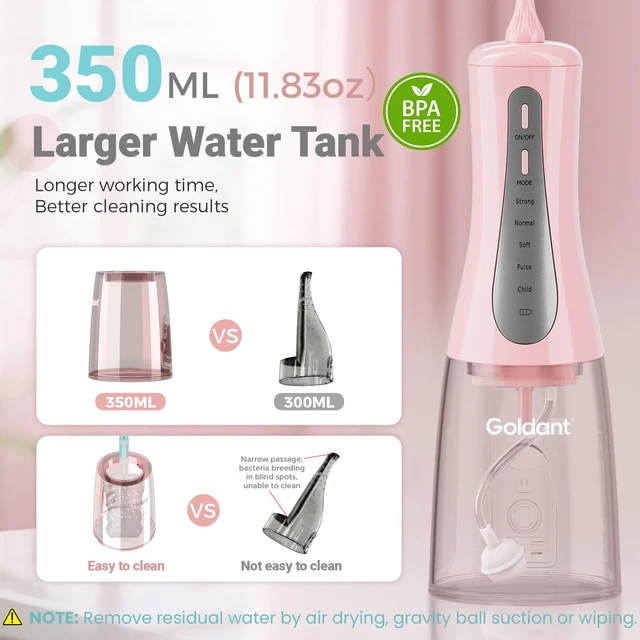Alt view image 4 of 7 - 2026 New 350ML Water Flosser with Drainage & Storage Stand, Keeps Dry & Clean, 5 Modes, 360°Nozzle, Cordless Rechargeable, IPX7 Waterproof, Portable for Home & Travel (Pink)