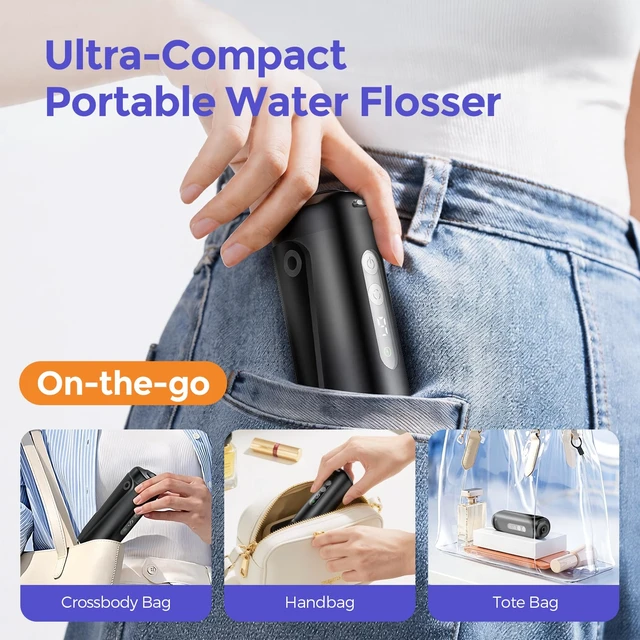 Alt view image 3 of 7 - Mini Water Flosser for Travel, 9 Pressure Settings & 90-Days Battery | Telescopic Wide-Mouth Water Tank, IPX7 Waterproof Portable Water Dental Pick Cordless for Braces, Sensitive Teeth, Black