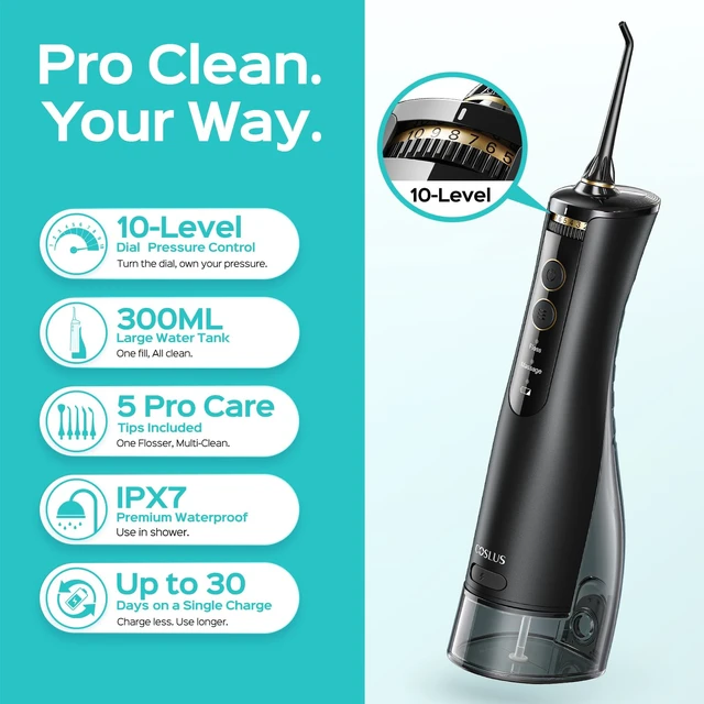 Alt view image 2 of 7 - ADA Accepted E40 Water Dental Flosser, 10 Pressure Levels, Black Pro | Easy to Use, Professional Water Dental Pick, Safe for Orthodontic, Braces & Sensitive Teeth Gums, Cordless for Travel, Family