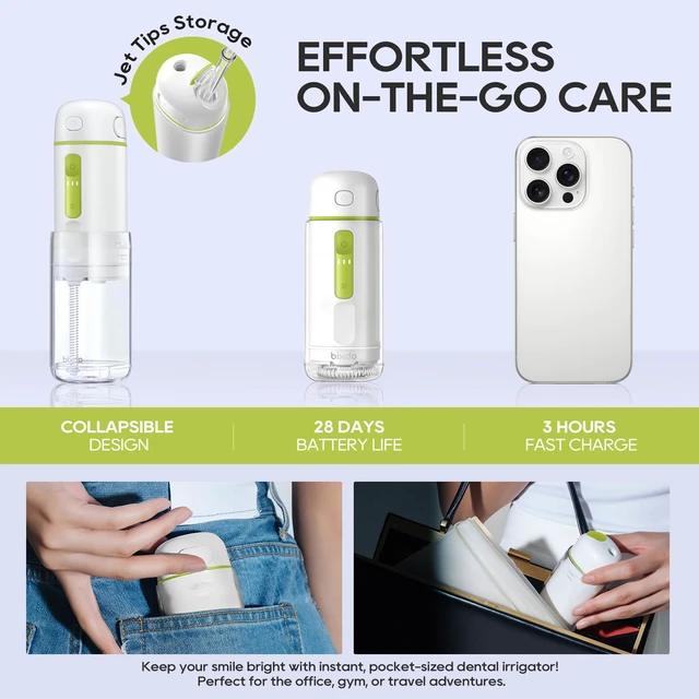 Alt view image 2 of 7 - Flosser Go (PE) Portable Cordless Water Flosser (White) | IPX7 Waterproof, 360°Nozzles, 3 Mode,45-80 PSI,Portable Cordless Water Flosser for Adults, Braces & Sensitive Gums