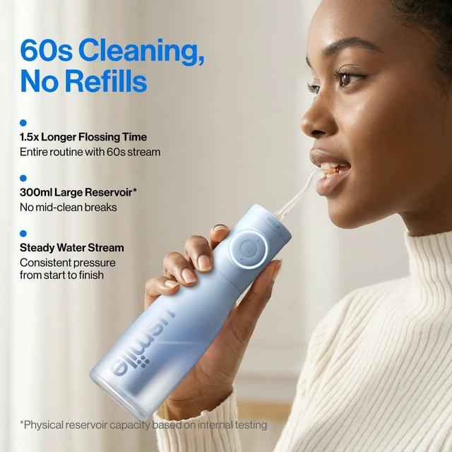 Alt view image 3 of 7 - C30 Cordless Water Flosser, 300ml Tank, 5 Modes, IPX7, Blue | S-Shaped Nozzle, USB-C Rechargeable Portable Oral Irrigator for Braces, Sensitive Gums, Teeth Cleaner, Home & Travel