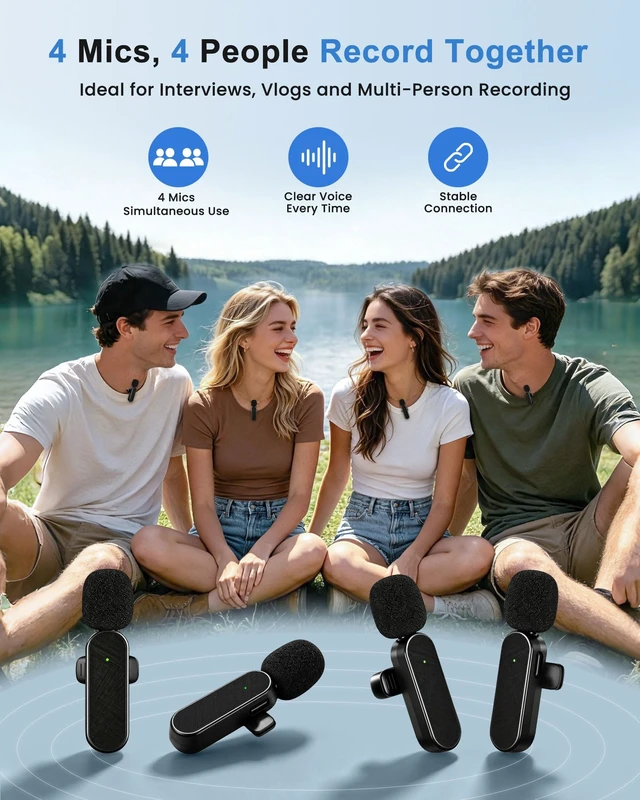 Alt view image 2 of 7 - 4 Packs Wireless Lavalier Mic for iPhone Android Camera | Professional Wireless Mini Microphone for 4-Person Video Recording, Podcasts, Vlogs, YouTube, TikTok and Computers