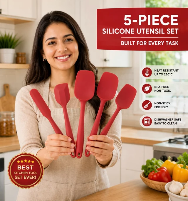 Alt view image 2 of 7 - 5 Piece Silicone Spatula Set, Heat Resistant up to 446°F, BPA-Free One-Piece Kitchen Rubber Spatula Set for Cooking, Baking, Mixing & Scraping, Nonstick Cookware Safe, Dishwasher Safe, Red
