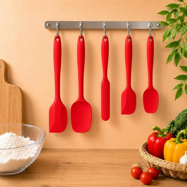Alt view image 4 of 7 - 5 Piece Silicone Spatula Set, Heat Resistant up to 446°F, BPA-Free One-Piece Kitchen Rubber Spatula Set for Cooking, Baking, Mixing & Scraping, Nonstick Cookware Safe, Dishwasher Safe, Red