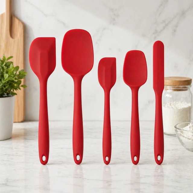 Alt view image 3 of 7 - 5 Piece Silicone Spatula Set, Heat Resistant up to 446°F, BPA-Free One-Piece Kitchen Rubber Spatula Set for Cooking, Baking, Mixing & Scraping, Nonstick Cookware Safe, Dishwasher Safe, Red