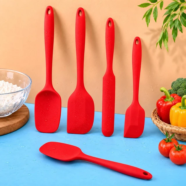 Alt view image 5 of 7 - 5 Piece Silicone Spatula Set, Heat Resistant up to 446°F, BPA-Free One-Piece Kitchen Rubber Spatula Set for Cooking, Baking, Mixing & Scraping, Nonstick Cookware Safe, Dishwasher Safe, Red