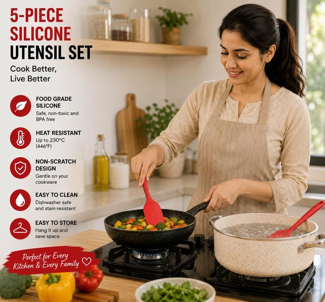 Alt view image 7 of 7 - 5 Piece Silicone Spatula Set, Heat Resistant up to 446°F, BPA-Free One-Piece Kitchen Rubber Spatula Set for Cooking, Baking, Mixing & Scraping, Nonstick Cookware Safe, Dishwasher Safe, Red