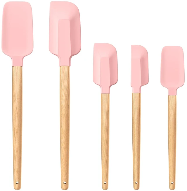 Main image of Wooden Handle Silicone Rubber Spatula Set 5 Piece for Kitchen Baking, Jars,Cooking, and Mixing High Heat Resistant Non Stick Dishwasher Safe BPA-Free (Pink)