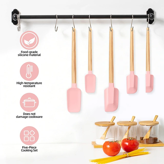 Alt view image 2 of 7 - Wooden Handle Silicone Rubber Spatula Set 5 Piece for Kitchen Baking, Jars,Cooking, and Mixing High Heat Resistant Non Stick Dishwasher Safe BPA-Free (Pink)