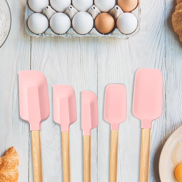 Alt view image 5 of 7 - Wooden Handle Silicone Rubber Spatula Set 5 Piece for Kitchen Baking, Jars,Cooking, and Mixing High Heat Resistant Non Stick Dishwasher Safe BPA-Free (Pink)