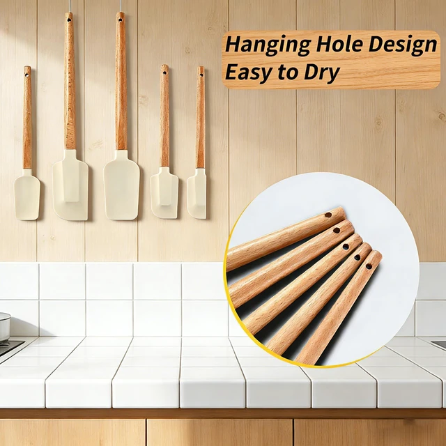 Alt view image 5 of 7 - 5 Piece Wooden Handle Silicone Rubber Spatula Set for Kitchen Baking, Jars,Cooking, and Mixing High Heat Resistant Non Stick Dishwasher Safe BPA-Free (off white)