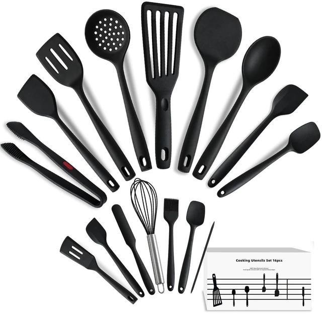 Main image of 16 Piece Silicone Spatula Set Kitchen Utensils for Non-Stick Cookware | 600°F Heat Resistant with Heavy-Duty Stainless Steel Core for Baking Black