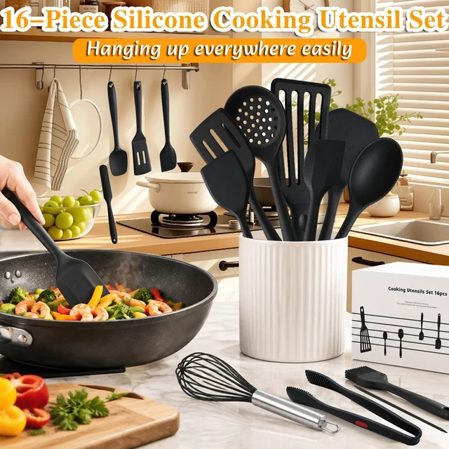 Alt view image 2 of 7 - 16 Piece Silicone Spatula Set Kitchen Utensils for Non-Stick Cookware | 600°F Heat Resistant with Heavy-Duty Stainless Steel Core for Baking Black