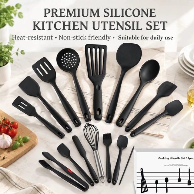 Alt view image 3 of 7 - 16 Piece Silicone Spatula Set Kitchen Utensils for Non-Stick Cookware | 600°F Heat Resistant with Heavy-Duty Stainless Steel Core for Baking Black