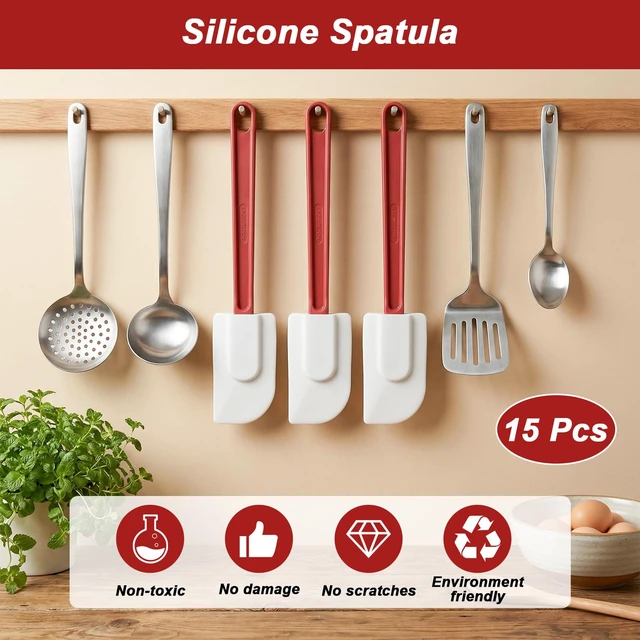 Alt view image 3 of 7 - 15 Pcs 10 Inch Rubber Spatulas Silicone Spatula Set, Commercial Spatula Bulk High-Temp 500 Fahrenheit Heat Resistant, Non Stick Scraper Flexible for Kitchen Cook Mix Fry Spread Bake, Dishwasher Safe