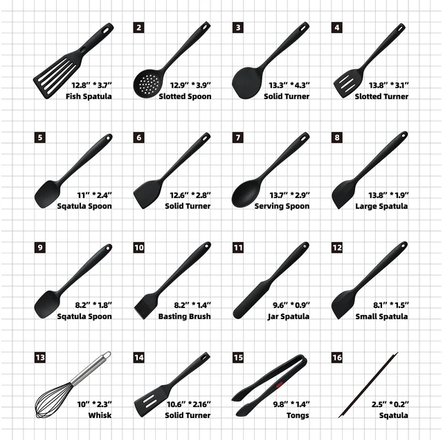 Alt view image 4 of 7 - 16 Piece Silicone Spatula Set Kitchen Utensils for Non-Stick Cookware | 600°F Heat Resistant with Heavy-Duty Stainless Steel Core for Baking Black