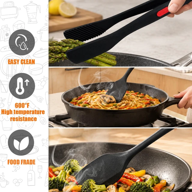 Alt view image 6 of 7 - 16 Piece Silicone Spatula Set Kitchen Utensils for Non-Stick Cookware | 600°F Heat Resistant with Heavy-Duty Stainless Steel Core for Baking Black