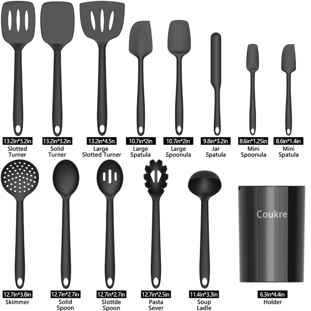 Alt view image 2 of 6 - Silicone Kitchen Cooking Utensils Set, Heat Resistant, 14-Piece | Dishwasher-Safe, Food-Grade Silicone, BPA-Free, Spatulas, Spoons & Turner, Safe for Nonstick Cookware, Pure Black